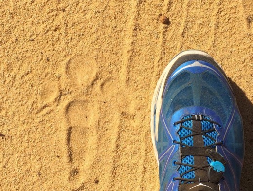 Shoe beside an animal print in the sand from the Day 11 reflection set.
