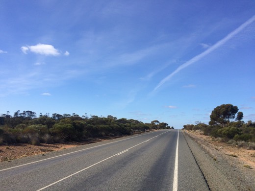 Eyre Highway stretching ahead under blue sky on Day 24