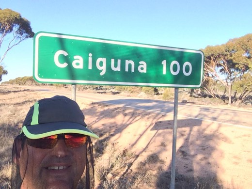 Caiguna 100 kilometres road sign on the 90 Mile Straight