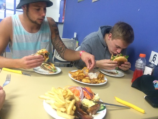 Ben and Ols eating a roadhouse meal at Caiguna