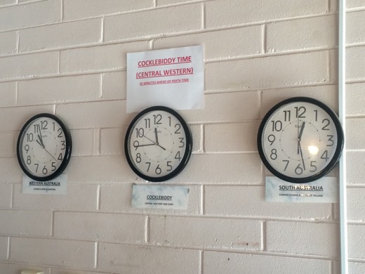 Cocklebiddy wall clocks showing different time zones