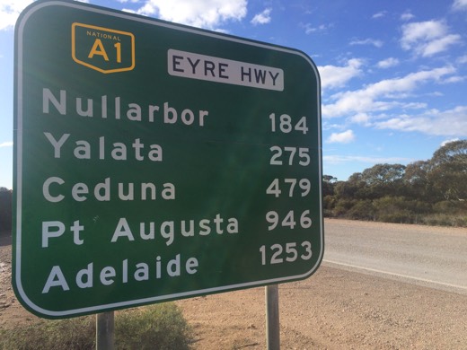 Eyre Highway distance sign listing Nullarbor, Yalata, Ceduna, Port Augusta, and Adelaide