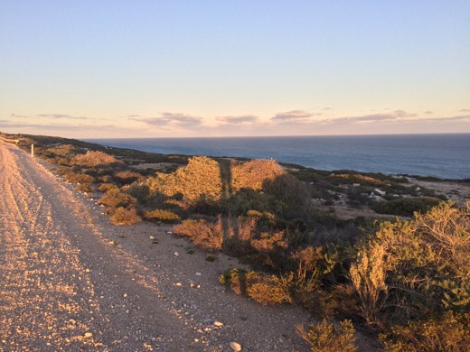 Late afternoon light over the Eyre Highway and coastline near the Nullarbor