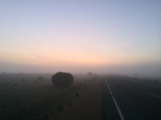 Fog hanging over the Eyre Highway before sunrise on Day 45
