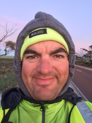 Selfie in the yellow beanie during the morning walk toward Ceduna