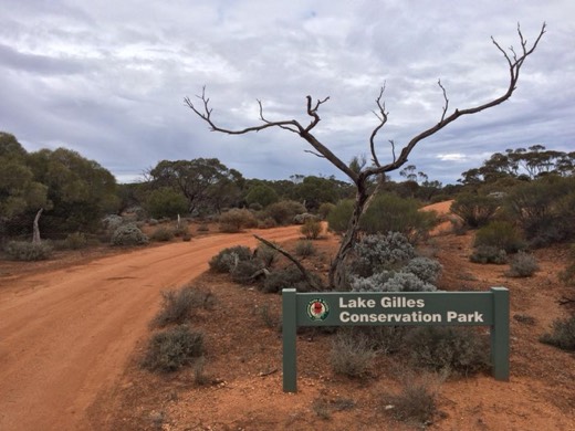 Lake Gilles Conservation Park sign beside a red dirt track on Day 55