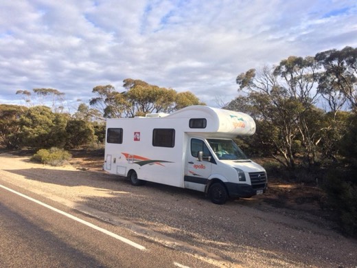 The HAA campervan support vehicle waiting beside the Eyre Highway on Day 55