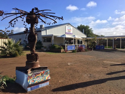 Sculpture outside Jitter Bean Oasis in Lochiel.