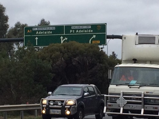 Adelaide and Port Adelaide road sign during the final approach on Day 63