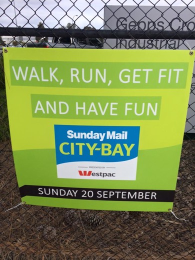 City to Bay Fun Run sign on the way into Adelaide.