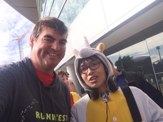 Gary taking a selfie with Perry the unicorn outside Adelaide Convention Centre