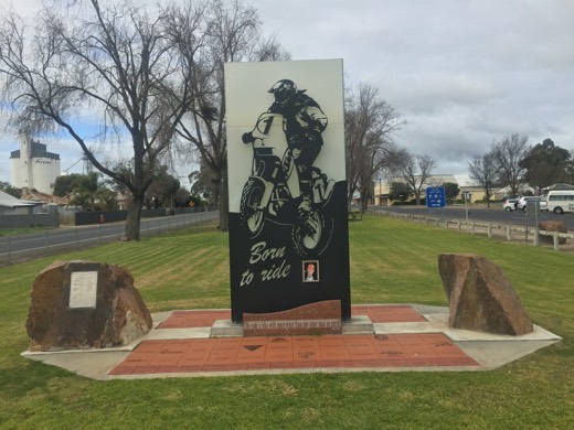 Andy Caldecott memorial in Keith with a motorbike silhouette and Born to ride lettering