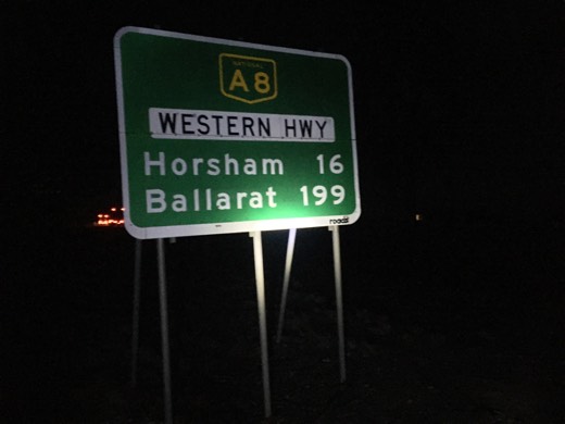 Night-time sign at the Horsham Riverside Caravan Park after Day 73