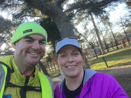 Gary and Carla smiling for a selfie in Victoria Park after Gary reached Ballarat