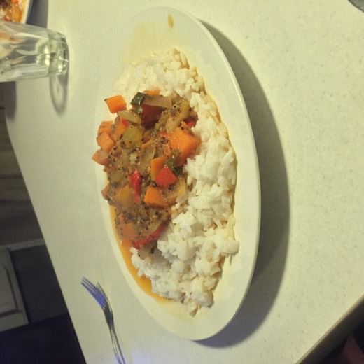 Spicy quinoa and vegetable dinner over rice after Day 70