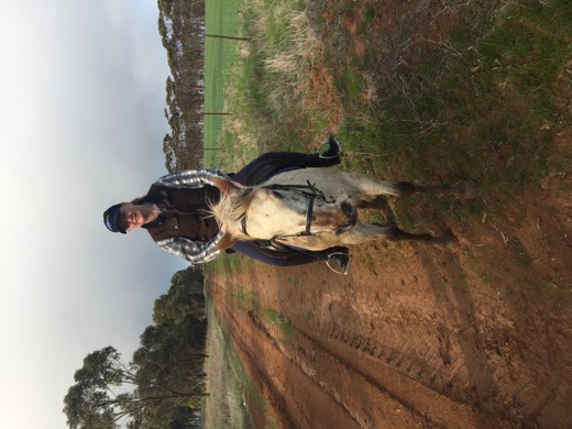 Karen on horseback after stopping to chat during Day 72