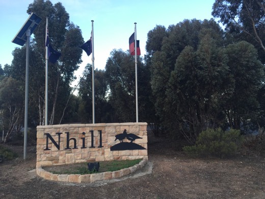 The Nhill town welcome sign on Day 72 of Hearts Across Australia