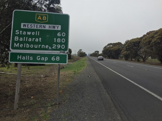 Road sign showing Stawell, Ballarat, Melbourne and Halls Gap during Day 74