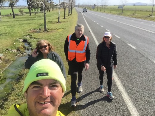 Gary taking a walking selfie with John Kilmartin, Michelle Smith and Jo Challis on Day 77