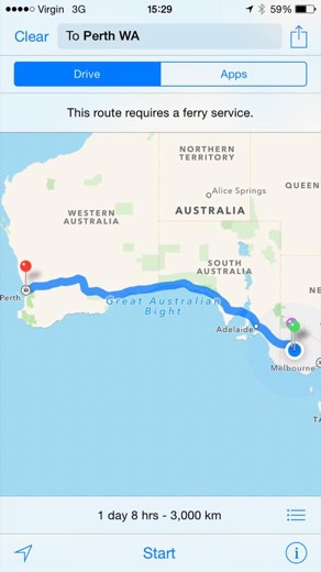 Phone map screenshot showing a route of more than 3000 kilometres back to Perth