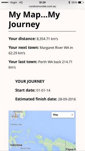 Run Down Under screenshot showing the virtual lap had passed Perth and was near Bunbury.
