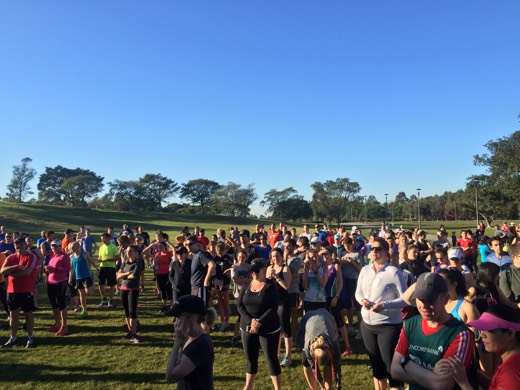 Runners gathered before St Peters parkrun in Sydney Park.