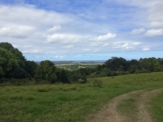 A view across the green coastal hinterland towards the sea.