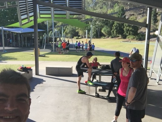 Rocks Riverside parkrunners gathering near the covered area before the start.