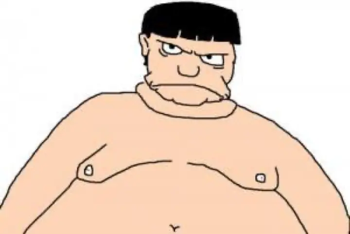 Cartoon illustration of an overweight bare-chested man used as the first no more mr fat guy Facebook profile picture