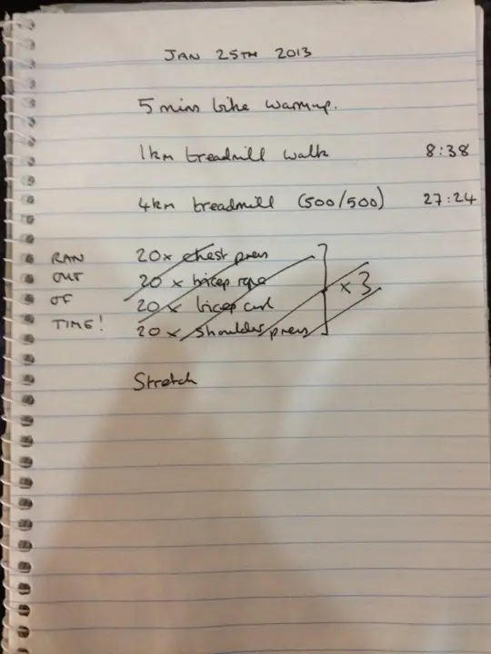 Handwritten gym training log from January 2013 showing a bike warm-up, treadmill walking, intervals, weights, and stretching