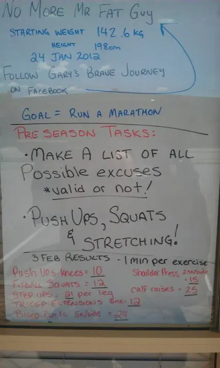 A no more mr fat guy whiteboard listing Gary's starting weight, goal to run a marathon, and early preseason tasks
