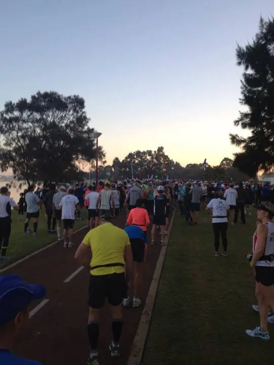 Runners gathering near the start line before the 2013 Perth Marathon at Burswood