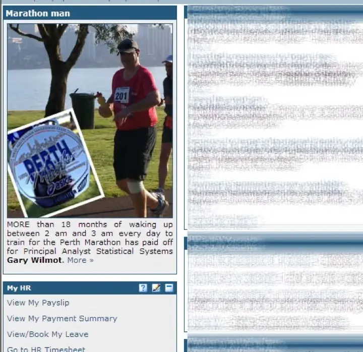 Workplace intranet clipping about Gary completing the 2013 Perth Marathon