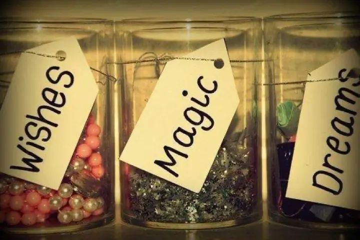 Three jars labelled Wishes, Magic, and Dreams