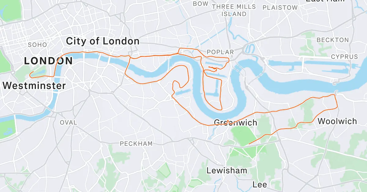Strava route map for the 2014 London Marathon activity