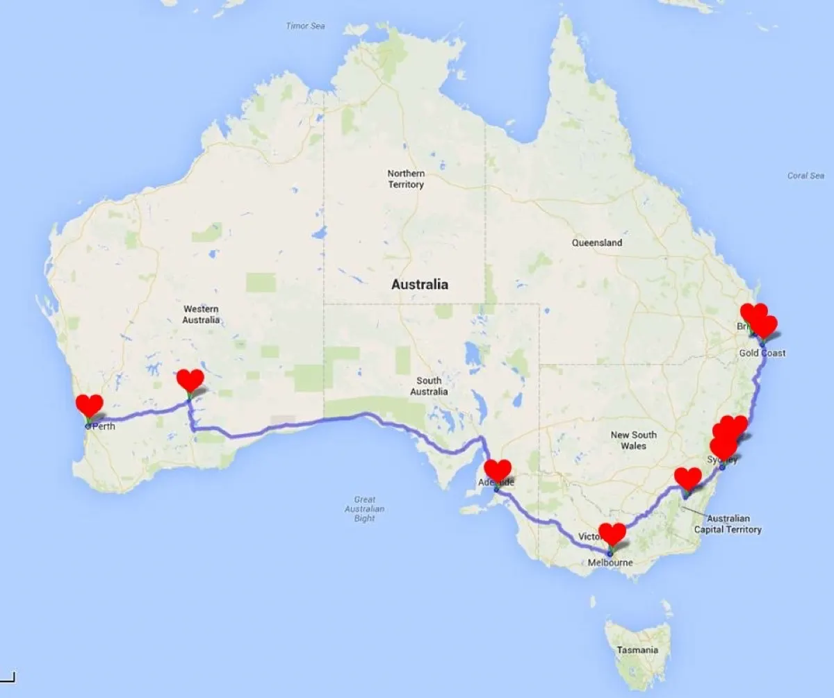 Google Maps route across Australia with red hearts marking key places from Perth to Brisbane