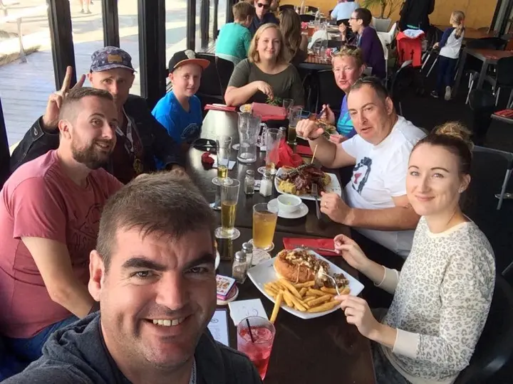 Gary and running friends sharing a post-race meal after the Bunbury 3 Waters Running Festival