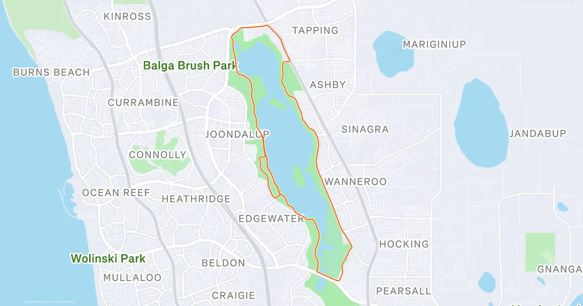 Strava route map for the Joondalup Half Marathon around Lake Joondalup