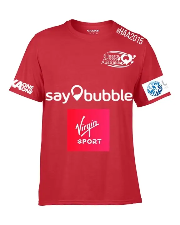 Red Hearts Across Australia shirt mockup with a Virgin Sport logo