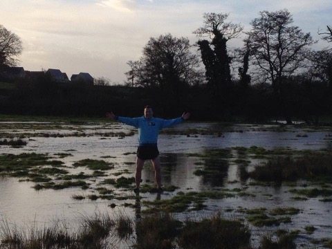 Gary standing in floodwater during the Christmas Eve 2013 school cross-country run.