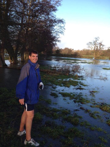 Gary beside the flooded fields on the old school cross-country course.